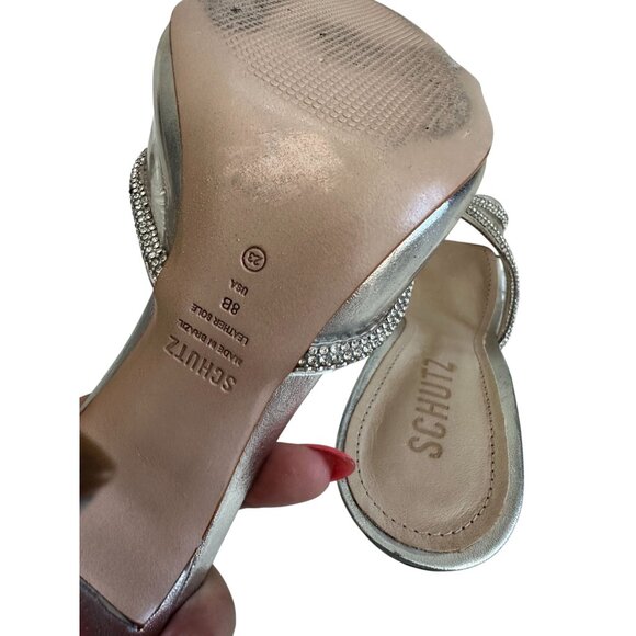 SCHUTZ  Silver Leather Rhinestone Sandals Heels SIze 8 - Picture 7 of 11